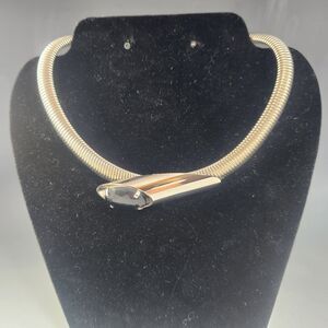 Choker Necklace Black Inset 1980s Deco Stainless Chrome Collar Snake Metal Coil